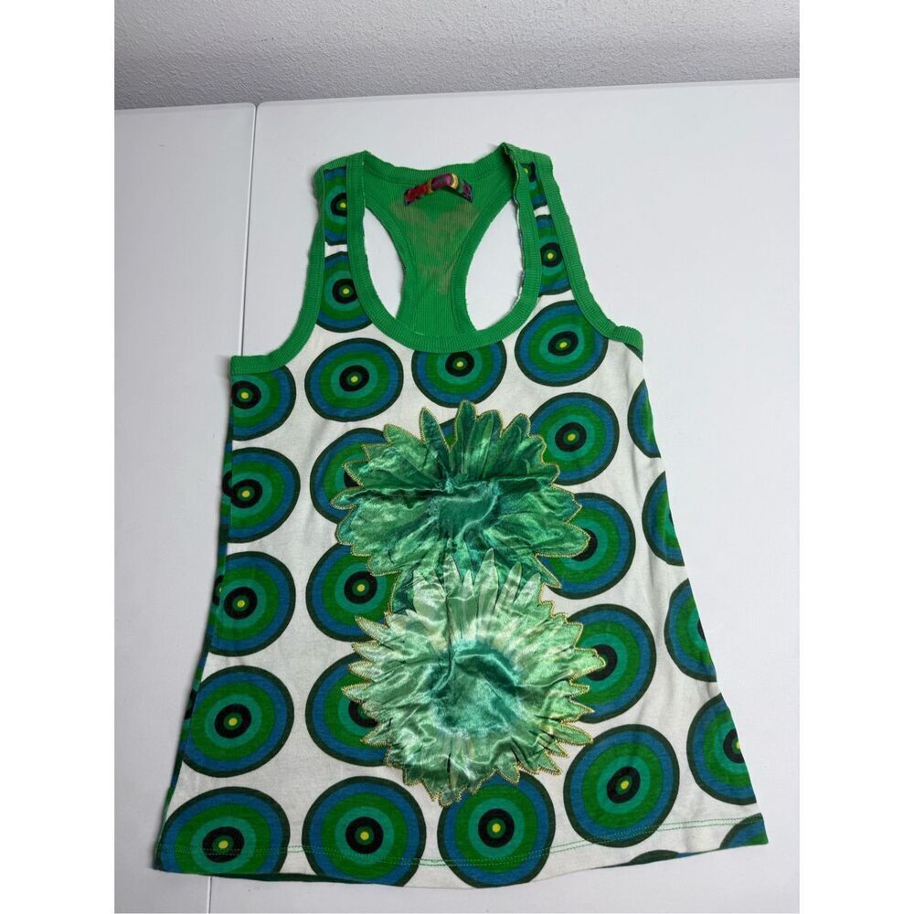 RARE Desigual Green Multi-Circle Racerback Tank with Floral Appliqué